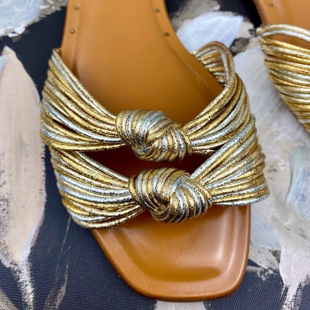 NWOB Veronica Beard Gemma Metallic Knotted Sandals In Gold Silver Size 6. - Picture 4 of 10